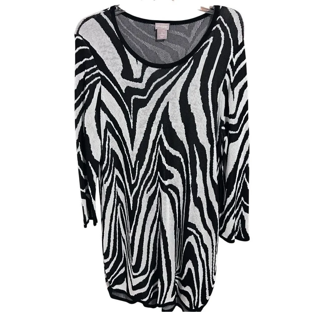 Chico’s Bold Black & White Zebra Print Tunic Sweater Size 3/US Size XL